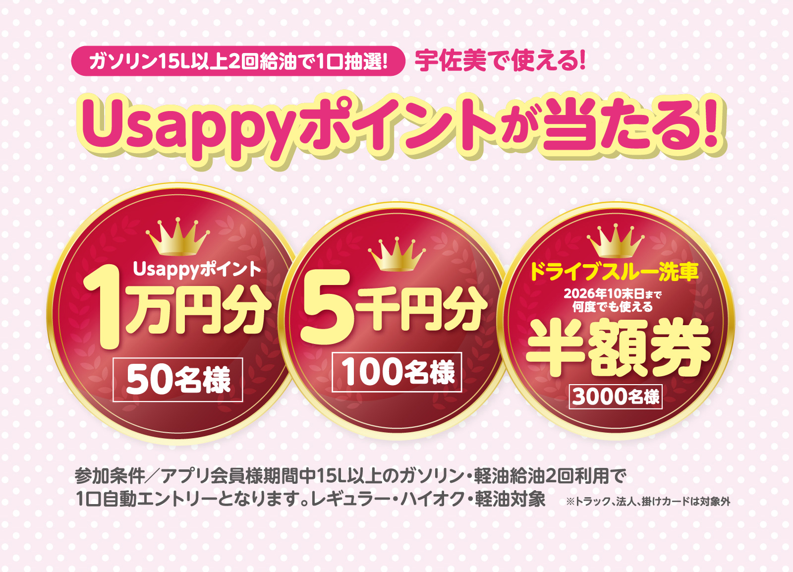 ガソリン15L以上2回給油で１口抽選！宇佐美で使えるUsappyポイントが当たる！